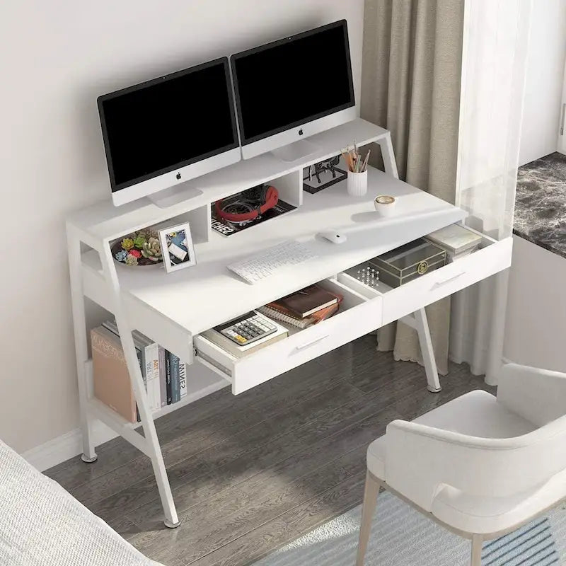 Bureau informatique blanc/noir avec 2 tiroirs, support d'écran et étagère de rangement inférieure – Individuel