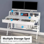 Bureau informatique blanc/noir avec 2 tiroirs, support d'écran et étagère de rangement inférieure – Individuel