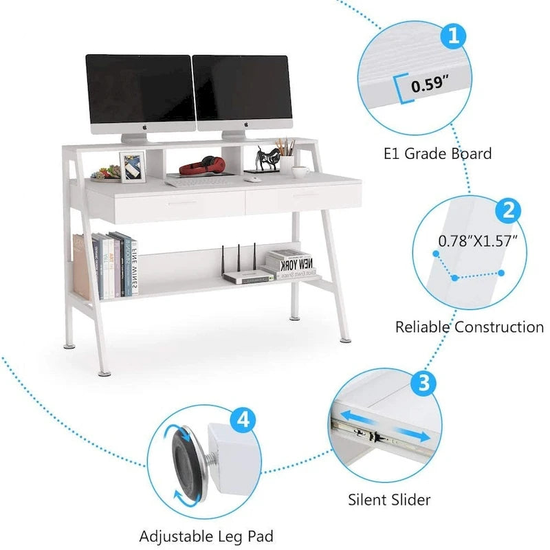Bureau informatique blanc/noir avec 2 tiroirs, support d'écran et étagère de rangement inférieure – Individuel