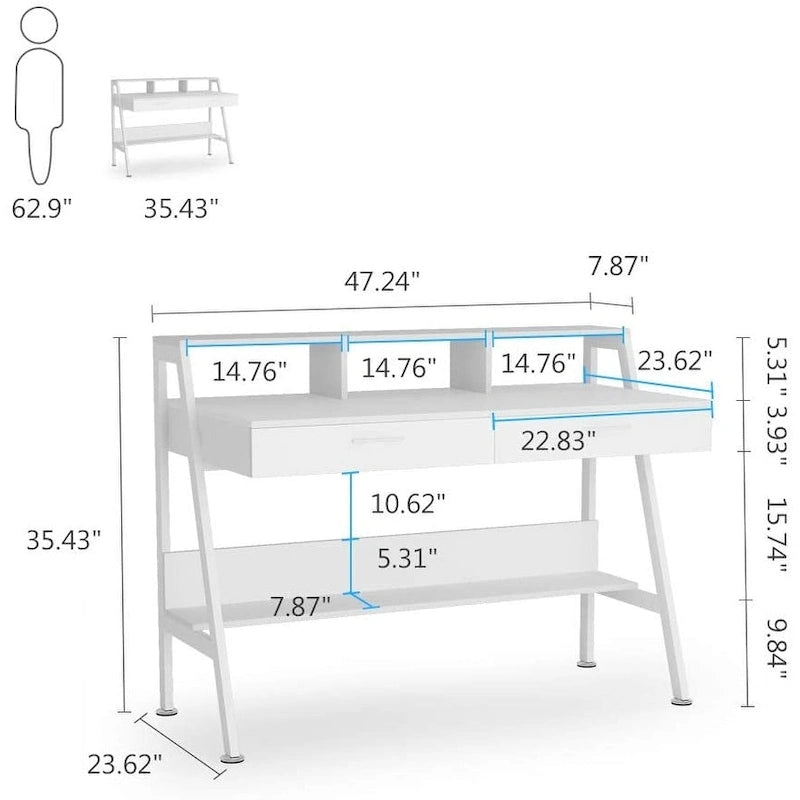 Bureau informatique blanc/noir avec 2 tiroirs, support d'écran et étagère de rangement inférieure – Individuel
