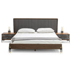 Lit plateforme style Mid-Century en placage de noyer et tissu gris avec pieds épingles noirs et dorés – Queen / King / Cal King