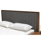 Lit plateforme style Mid-Century en placage de noyer et tissu gris avec pieds épingles noirs et dorés – Queen / King / Cal King