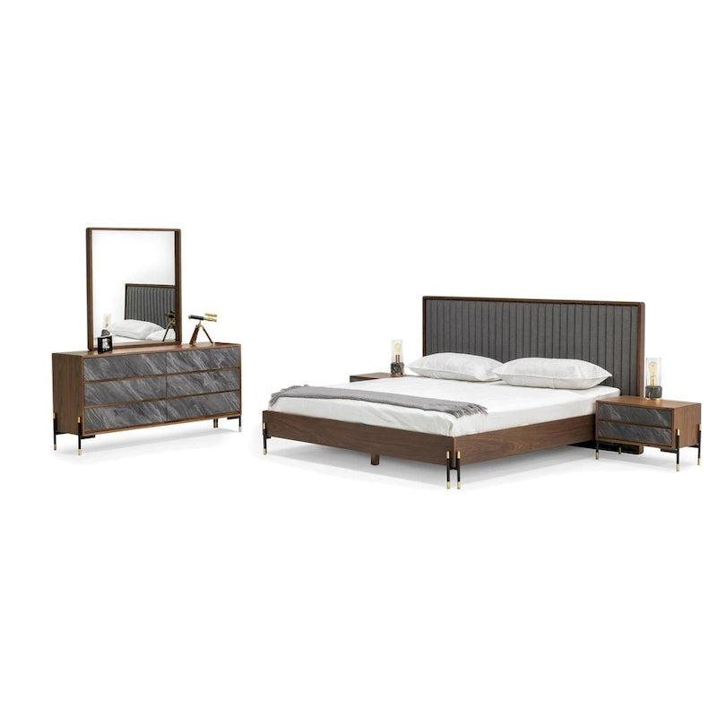 Lit plateforme style Mid-Century en placage de noyer et tissu gris avec pieds épingles noirs et dorés – Queen / King / Cal King