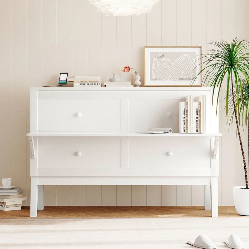 Queen Size Murphy Bed Chest with Desk, USB Port,Removable Shelves on Each Side