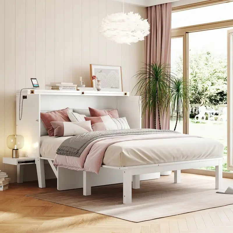 Lit escamotable Queen size gris/blanc avec port USB double et 2 bureaux coulissants – 2 places