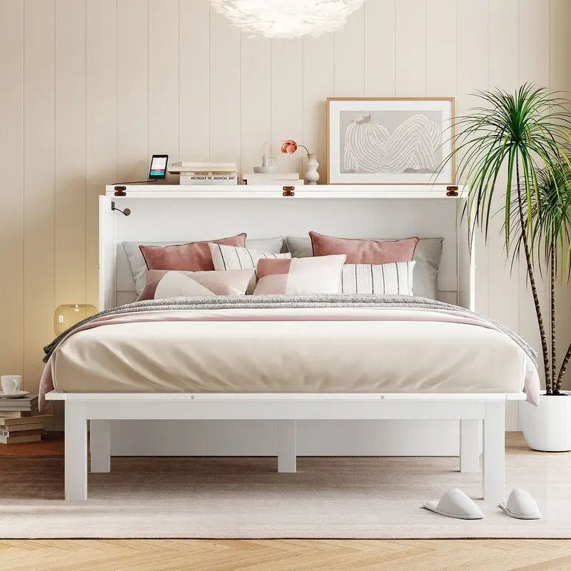 Lit escamotable Queen size gris/blanc avec port USB double et 2 bureaux coulissants – 2 places