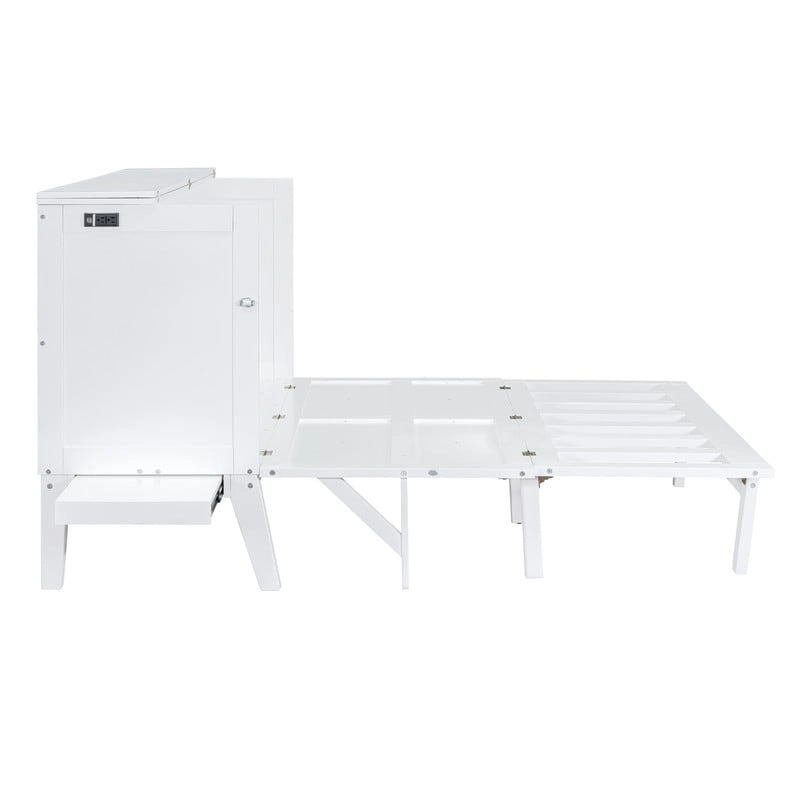 Lit escamotable Queen size gris/blanc avec port USB double et 2 bureaux coulissants – 2 places
