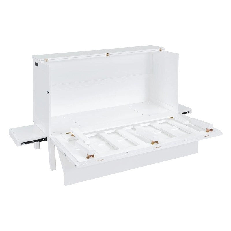 Lit escamotable Queen size gris/blanc avec port USB double et 2 bureaux coulissants – 2 places