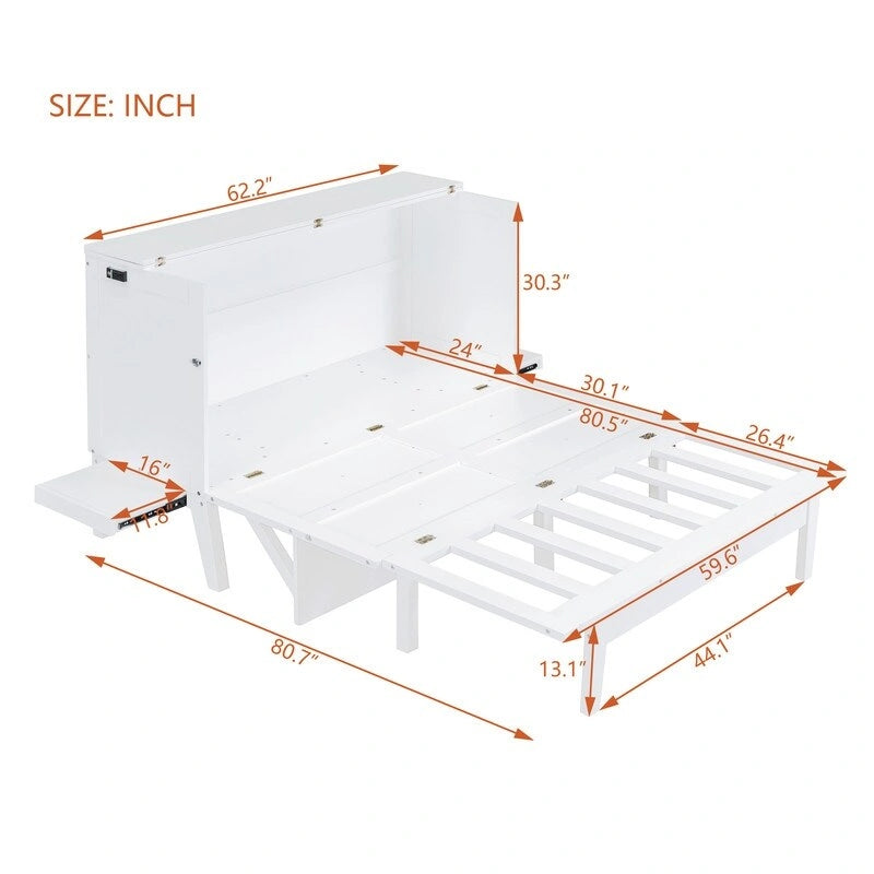 Lit escamotable Queen size gris/blanc avec port USB double et 2 bureaux coulissants – 2 places