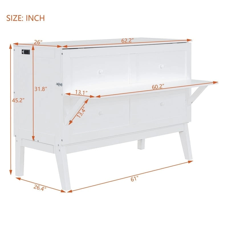 Lit escamotable Queen size gris/blanc avec port USB double et 2 bureaux coulissants – 2 places