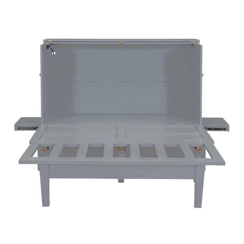 Lit escamotable Queen size gris/blanc avec port USB double et 2 bureaux coulissants – 2 places