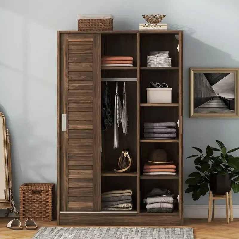 Armoire à volets 3 portes noyer/blanc avec étagères et penderie – Simple
