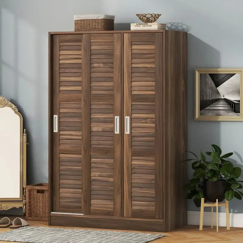Armoire à volets 3 portes noyer/blanc avec étagères et penderie – Simple
