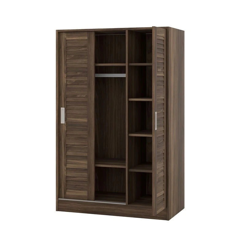 Armoire à volets 3 portes noyer/blanc avec étagères et penderie – Simple