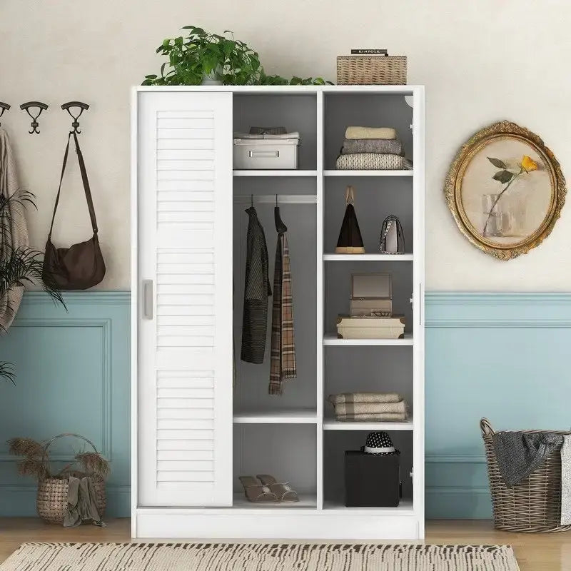 Armoire à volets 3 portes noyer/blanc avec étagères et penderie – Simple