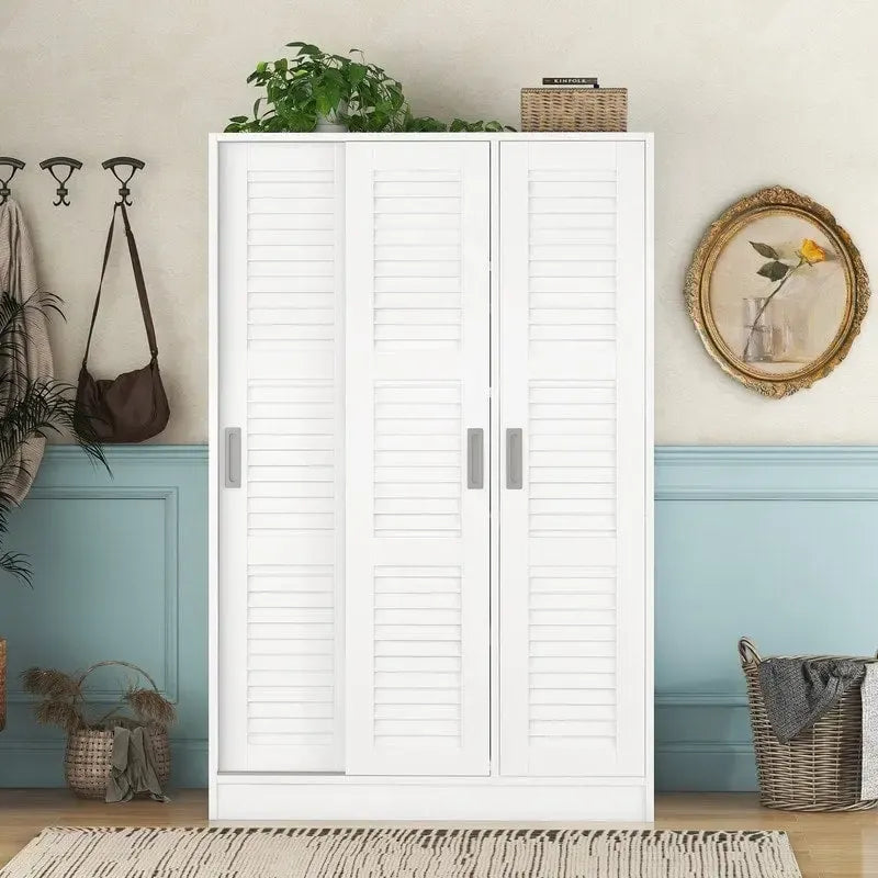 Armoire à volets 3 portes noyer/blanc avec étagères et penderie – Simple