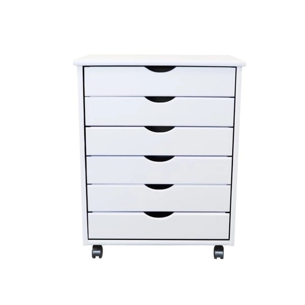 Chariot roulant large en pin massif peint en blanc avec 6 tiroirs et roulettes – Simple