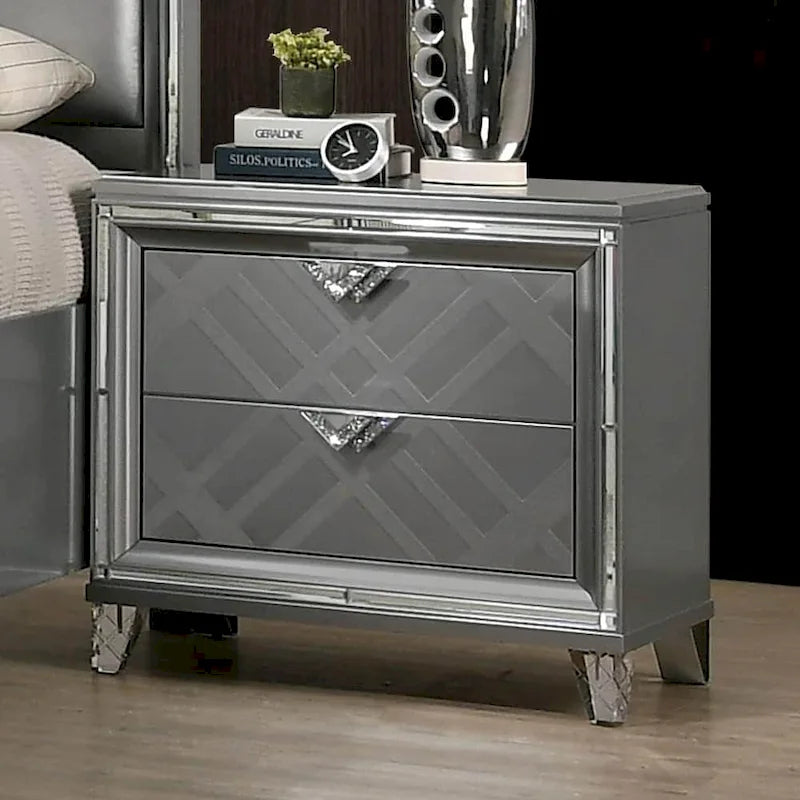 Table de chevet art déco 2 tiroirs argentée/blanche avec port USB et bordure miroir – Simple