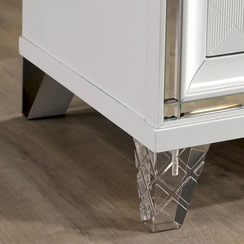 Table de chevet art déco 2 tiroirs argentée/blanche avec port USB et bordure miroir – Simple