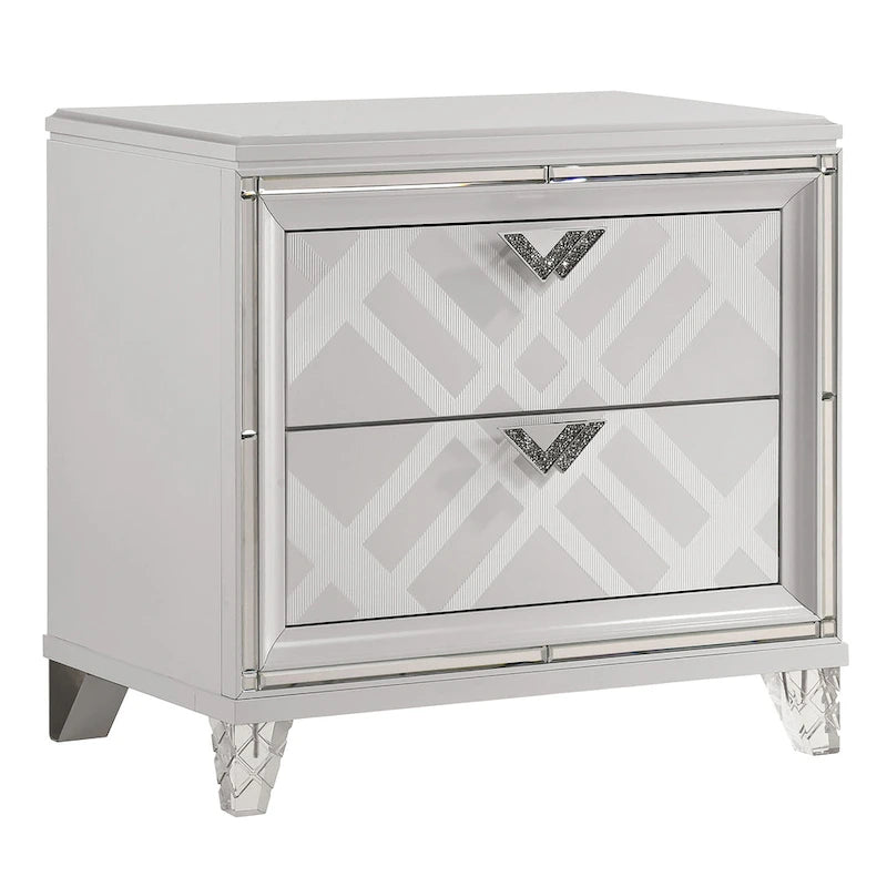 Table de chevet art déco 2 tiroirs argentée/blanche avec port USB et bordure miroir – Simple