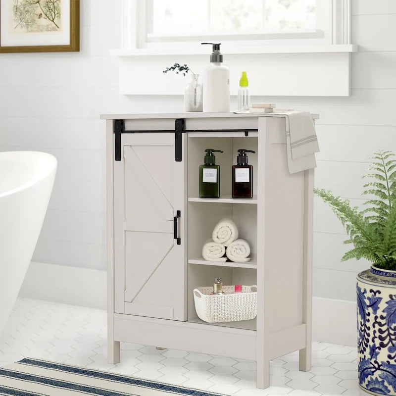 Meuble de rangement de salle de bain sur pied de style rustique, peint couleur ivoire, avec porte coulissante de grange – Simple