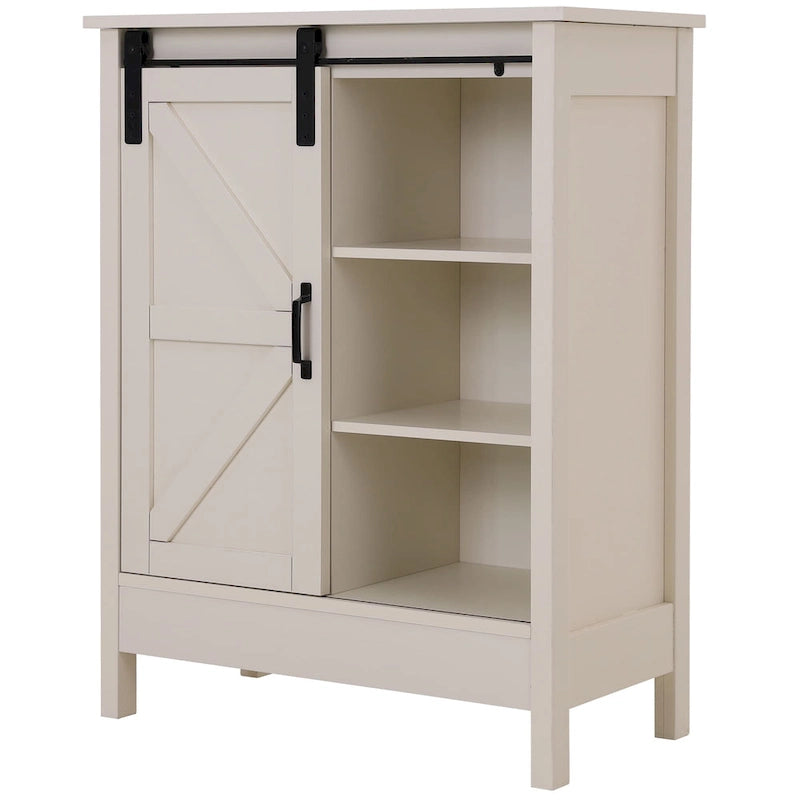 Meuble de rangement de salle de bain sur pied de style rustique, peint couleur ivoire, avec porte coulissante de grange – Simple