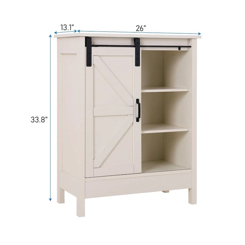 Meuble de rangement de salle de bain sur pied de style rustique, peint couleur ivoire, avec porte coulissante de grange – Simple