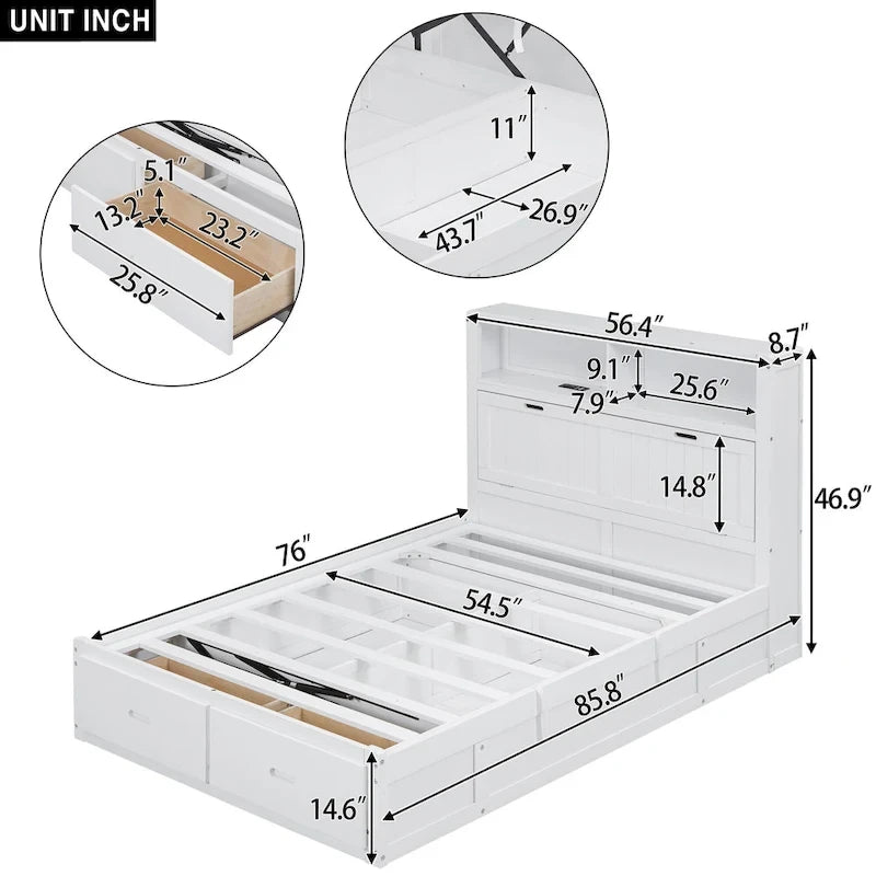 Lit plate-forme hydraulique pleine grandeur en bois massif gris avec tête de lit à LED, station de charge et 2 tiroirs – Simple
