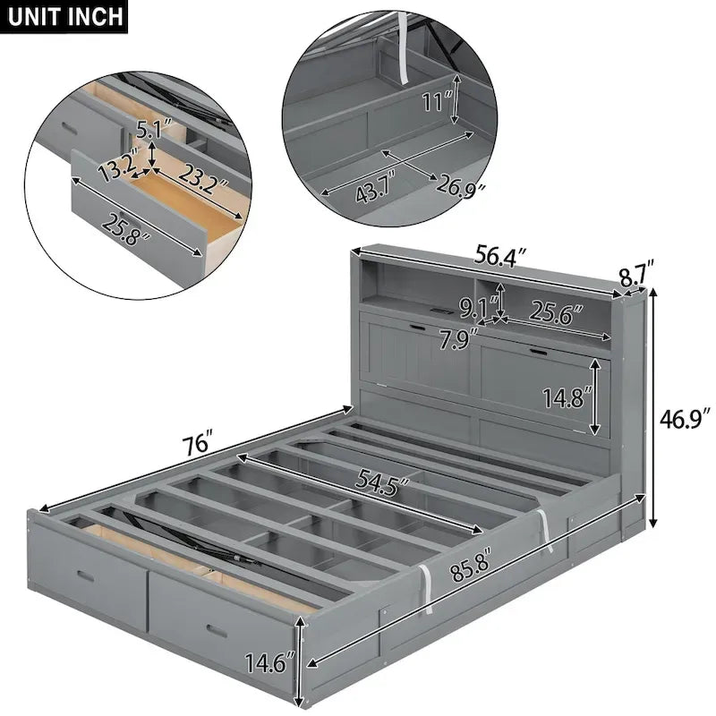 Lit plate-forme hydraulique pleine grandeur en bois massif gris avec tête de lit à LED, station de charge et 2 tiroirs – Simple