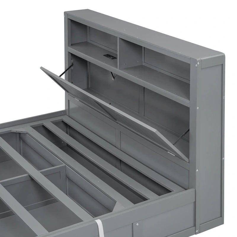 Lit plate-forme hydraulique pleine grandeur en bois massif gris avec tête de lit à LED, station de charge et 2 tiroirs – Simple