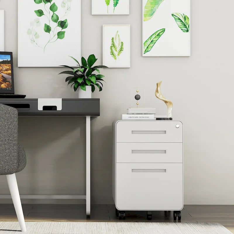 Caisson de classement mobile 3 tiroirs en acier blanc/noir/gris/bleu avec serrure et 5 roulettes – Simple