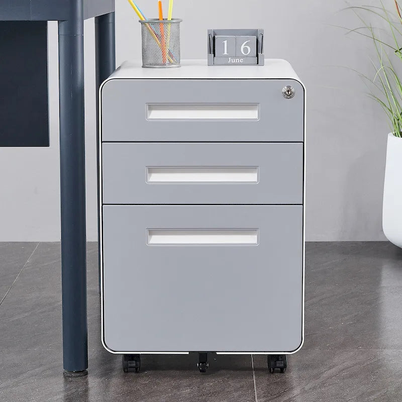 Caisson de classement mobile 3 tiroirs en acier blanc/noir/gris/bleu avec serrure et 5 roulettes – Simple