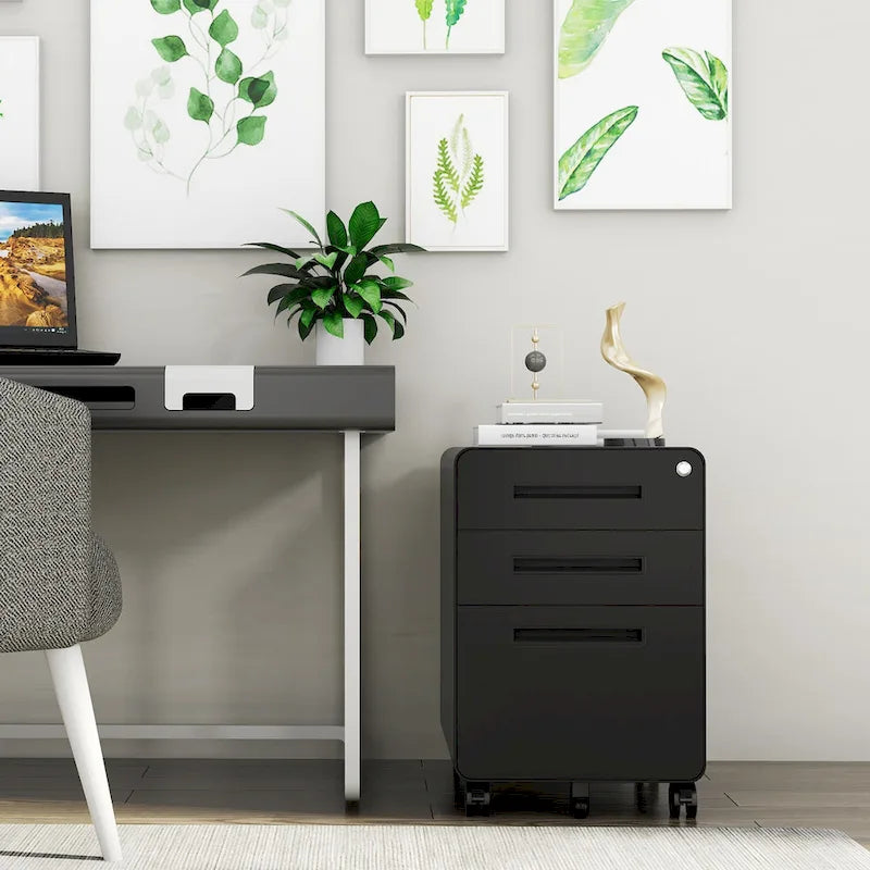 Caisson de classement mobile 3 tiroirs en acier blanc/noir/gris/bleu avec serrure et 5 roulettes – Simple