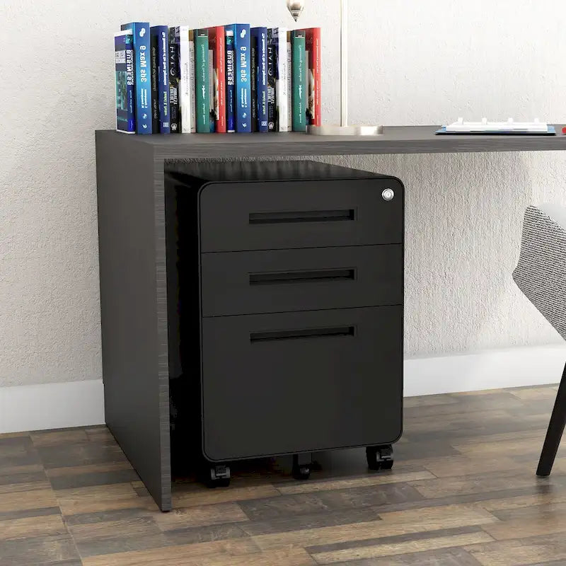 Caisson de classement mobile 3 tiroirs en acier blanc/noir/gris/bleu avec serrure et 5 roulettes – Simple