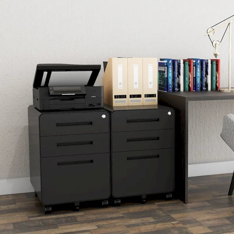 Caisson de classement mobile 3 tiroirs en acier blanc/noir/gris/bleu avec serrure et 5 roulettes – Simple