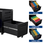 Caisson de classement mobile 3 tiroirs en acier blanc/noir/gris/bleu avec serrure et 5 roulettes – Simple