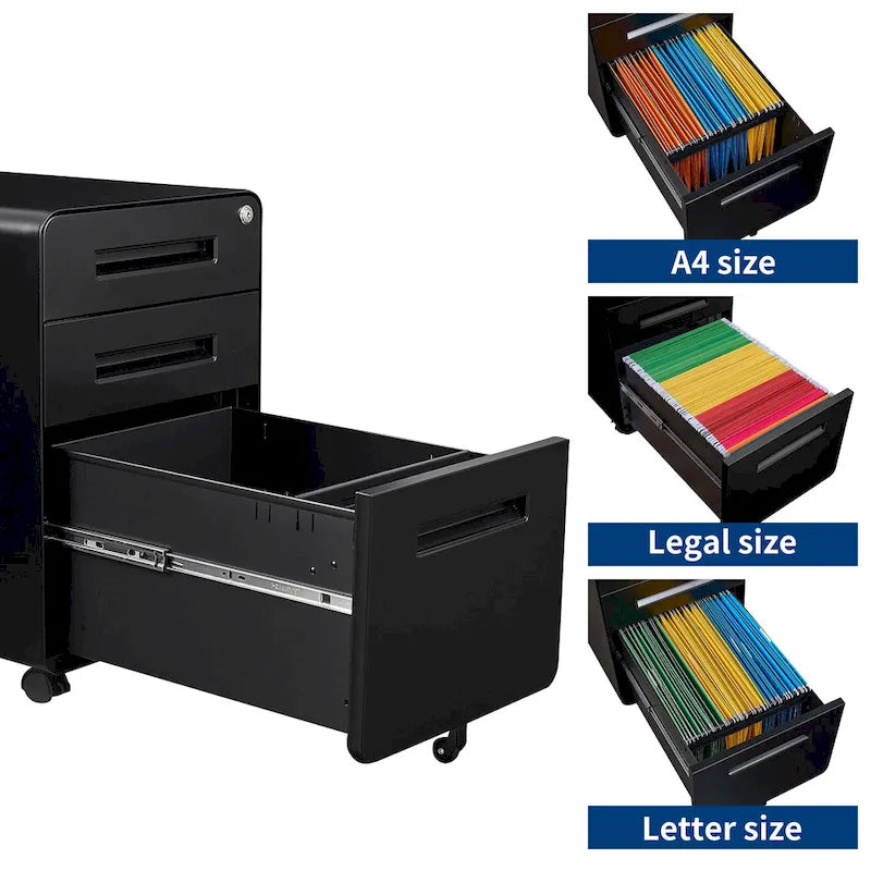 Caisson de classement mobile 3 tiroirs en acier blanc/noir/gris/bleu avec serrure et 5 roulettes – Simple