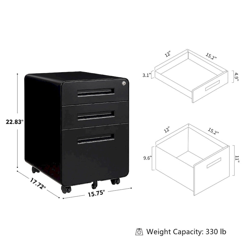 Caisson de classement mobile 3 tiroirs en acier blanc/noir/gris/bleu avec serrure et 5 roulettes – Simple