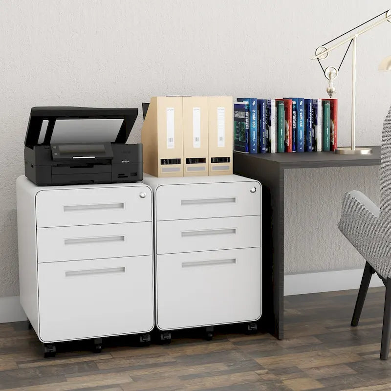 Caisson de classement mobile 3 tiroirs en acier blanc/noir/gris/bleu avec serrure et 5 roulettes – Simple