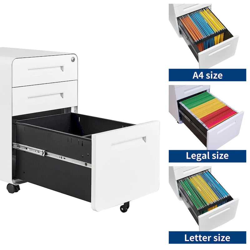 Caisson de classement mobile 3 tiroirs en acier blanc/noir/gris/bleu avec serrure et 5 roulettes – Simple