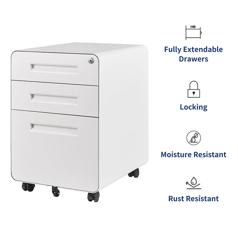Caisson de classement mobile 3 tiroirs en acier blanc/noir/gris/bleu avec serrure et 5 roulettes – Simple