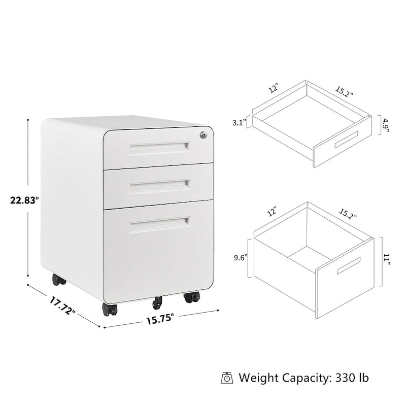 Caisson de classement mobile 3 tiroirs en acier blanc/noir/gris/bleu avec serrure et 5 roulettes – Simple