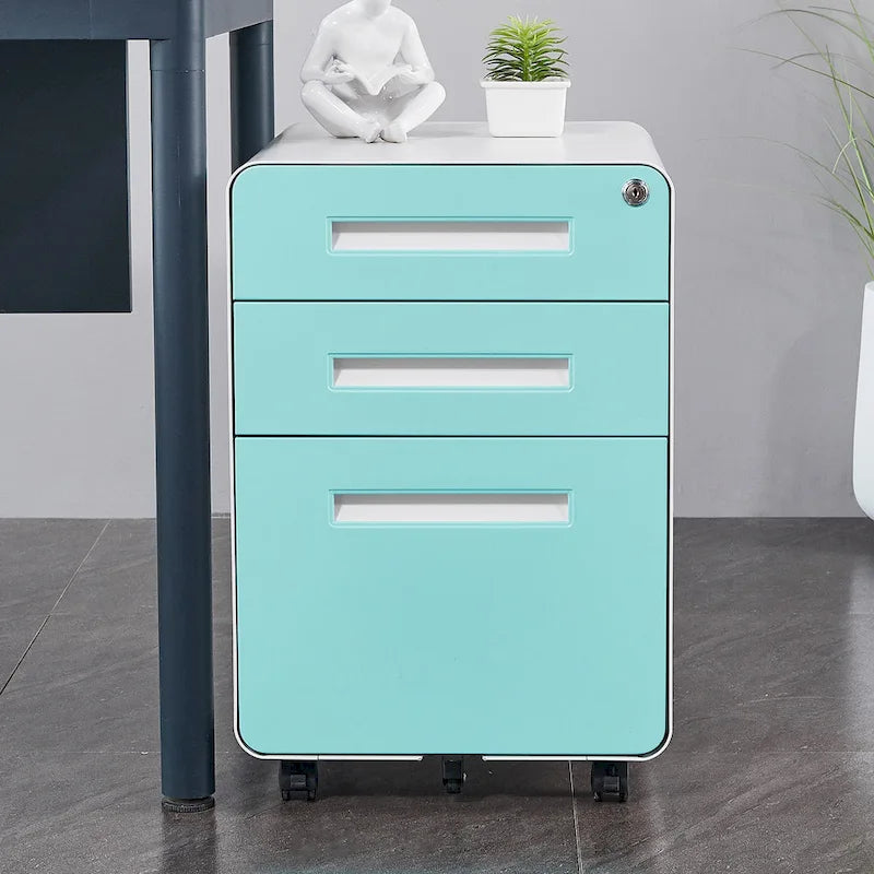 Caisson de classement mobile 3 tiroirs en acier blanc/noir/gris/bleu avec serrure et 5 roulettes – Simple