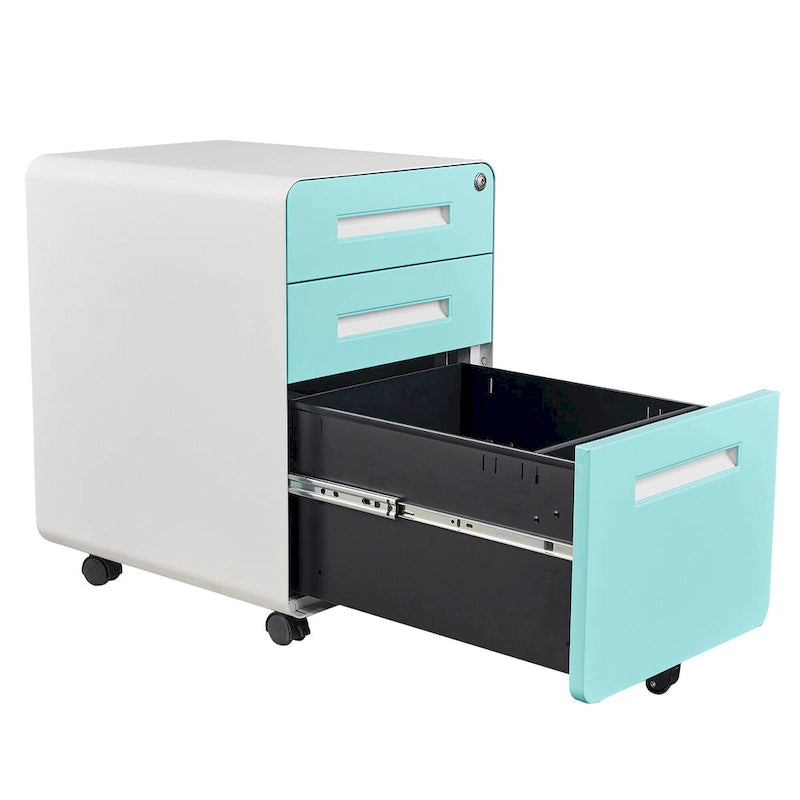 Caisson de classement mobile 3 tiroirs en acier blanc/noir/gris/bleu avec serrure et 5 roulettes – Simple