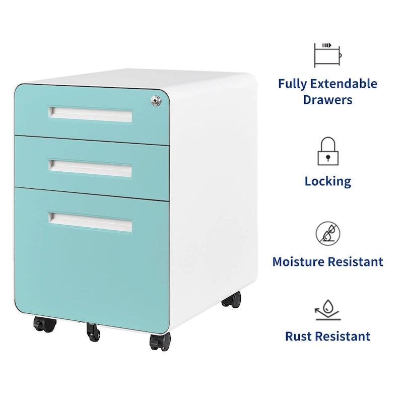 Caisson de classement mobile 3 tiroirs en acier blanc/noir/gris/bleu avec serrure et 5 roulettes – Simple