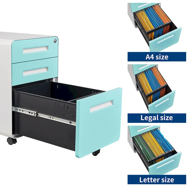 Caisson de classement mobile 3 tiroirs en acier blanc/noir/gris/bleu avec serrure et 5 roulettes – Simple