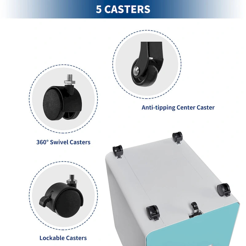 Caisson de classement mobile 3 tiroirs en acier blanc/noir/gris/bleu avec serrure et 5 roulettes – Simple
