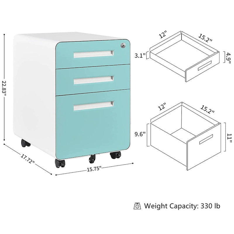 Caisson de classement mobile 3 tiroirs en acier blanc/noir/gris/bleu avec serrure et 5 roulettes – Simple
