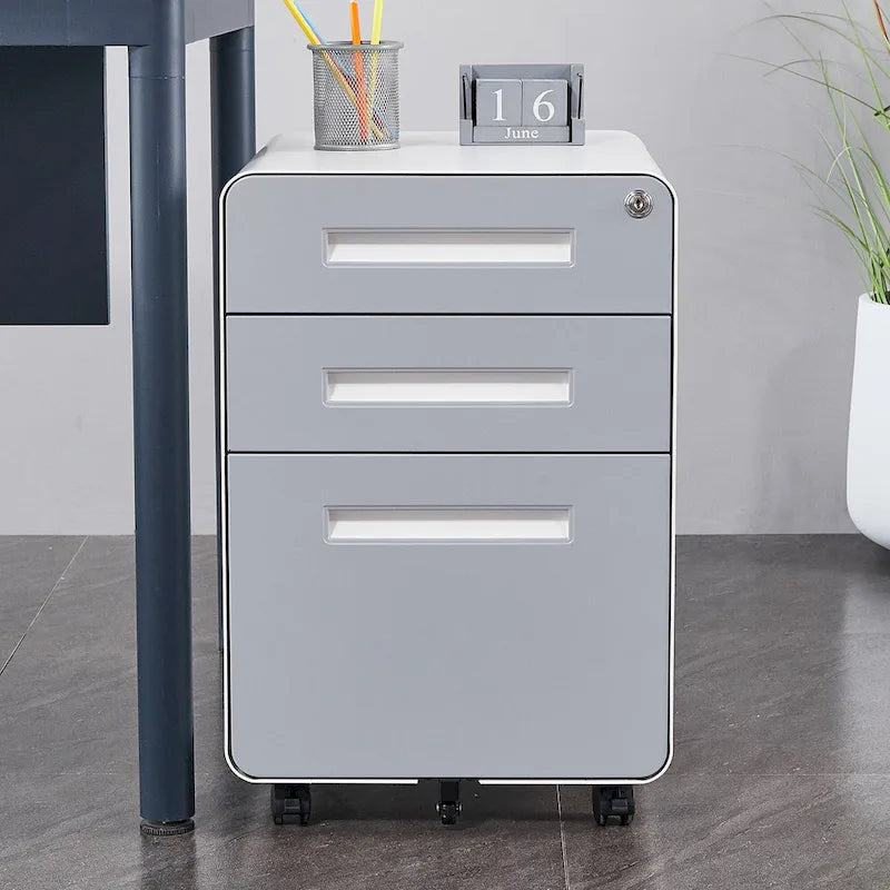 Caisson de classement mobile 3 tiroirs en acier blanc/noir/gris/bleu avec serrure et 5 roulettes – Simple