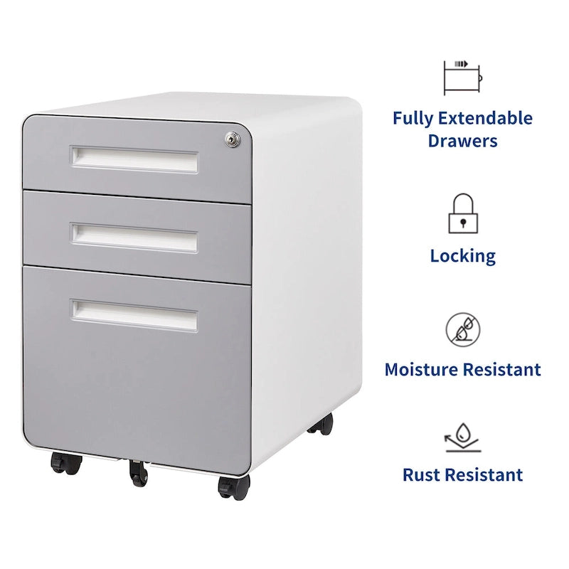 Caisson de classement mobile 3 tiroirs en acier blanc/noir/gris/bleu avec serrure et 5 roulettes – Simple